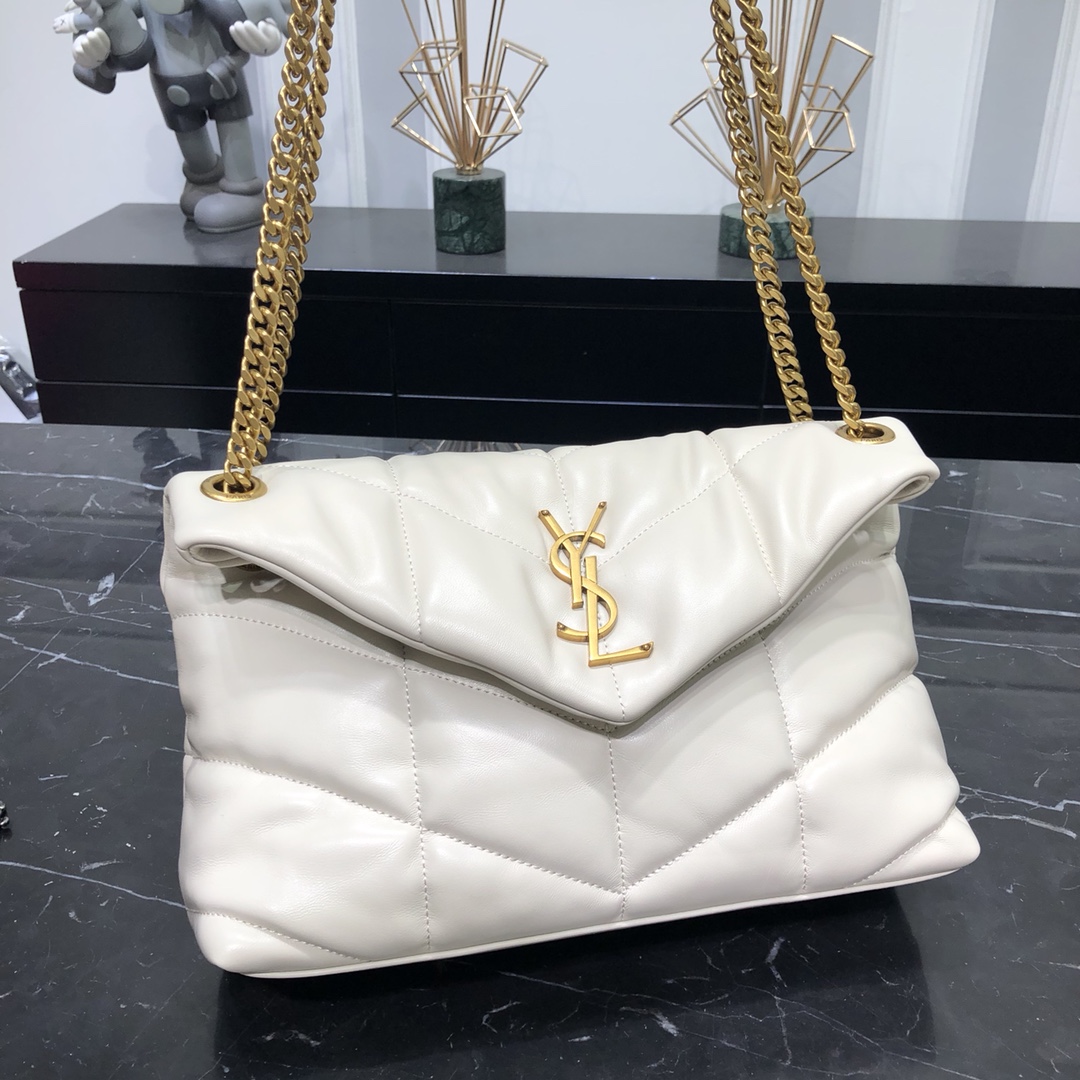 Saint Laurent Loulou Puffer Small Lambskin Shoulder Bag Handbag White 577476 Gold